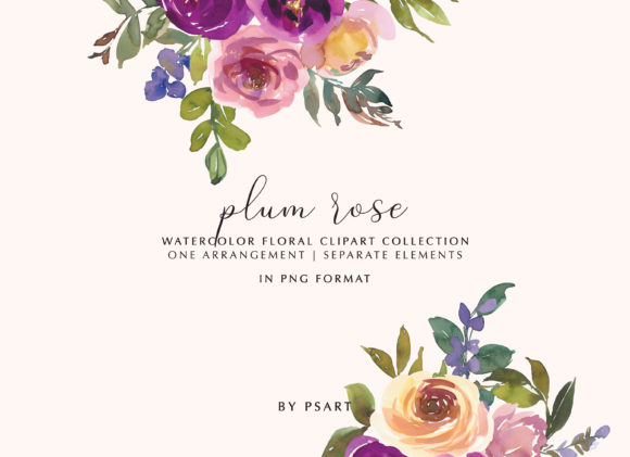Plum and Blush Watercolor Floral Clipart