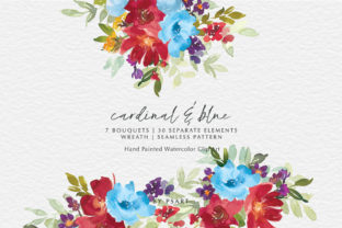 Red Blue Watercolor Floral Clip Art Set